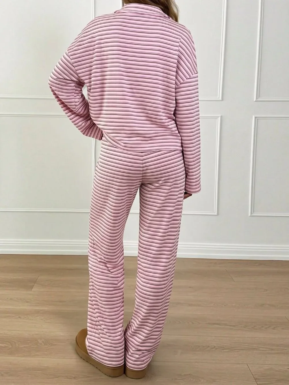 Pink Casual Women's Striped V-Neck Drop Shoulder Long Sleeve T-Shirt & Pants Set